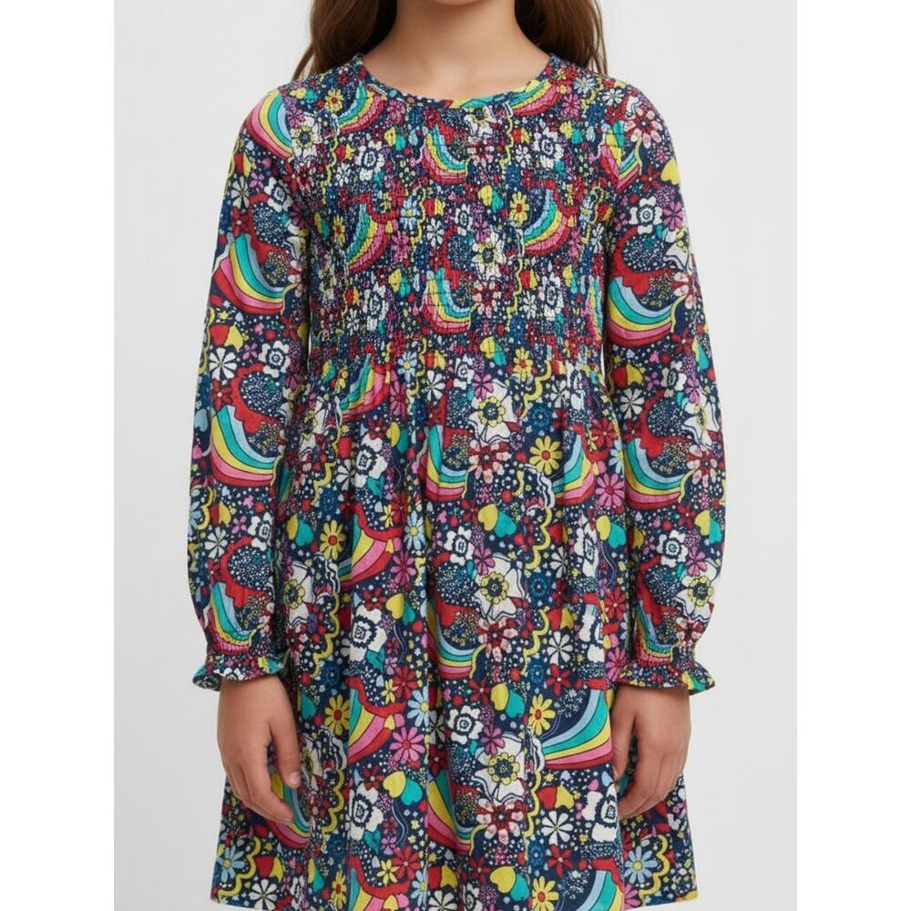 Mini Boden Rainbow Floral Smocked Dress Girls 7-8Y Long Sleeve Pockets